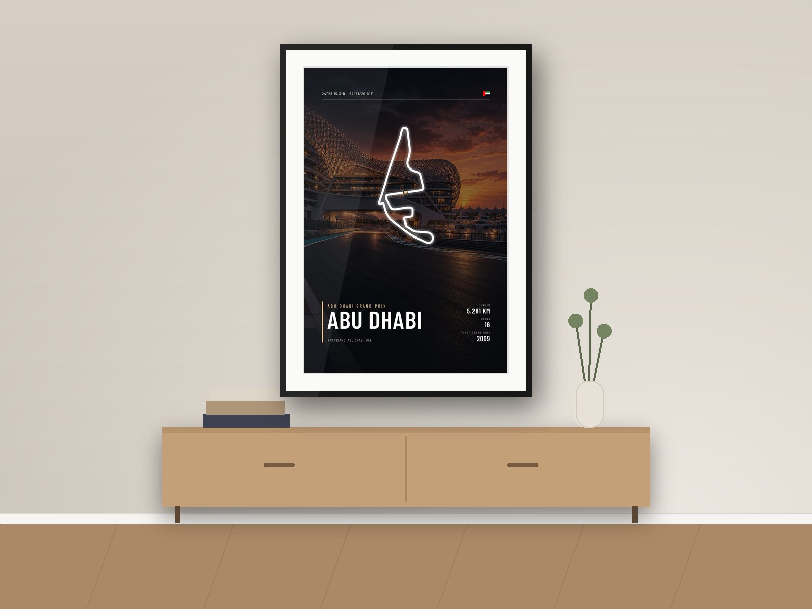 Yas Marina circuit poster, Night Photo Edition, framed on a wall