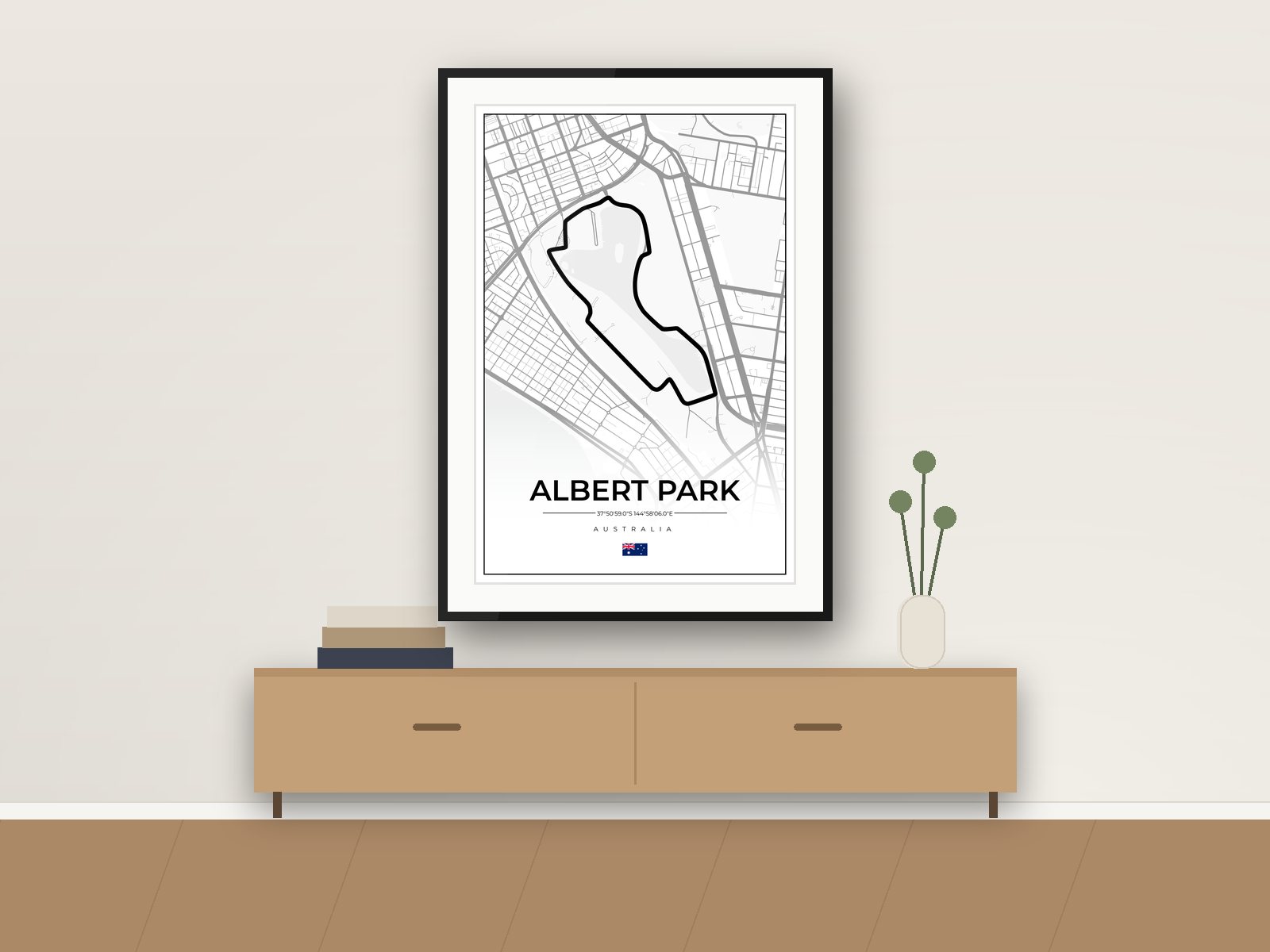 Albert Park circuit poster, Street Map Edition, framed on a wall