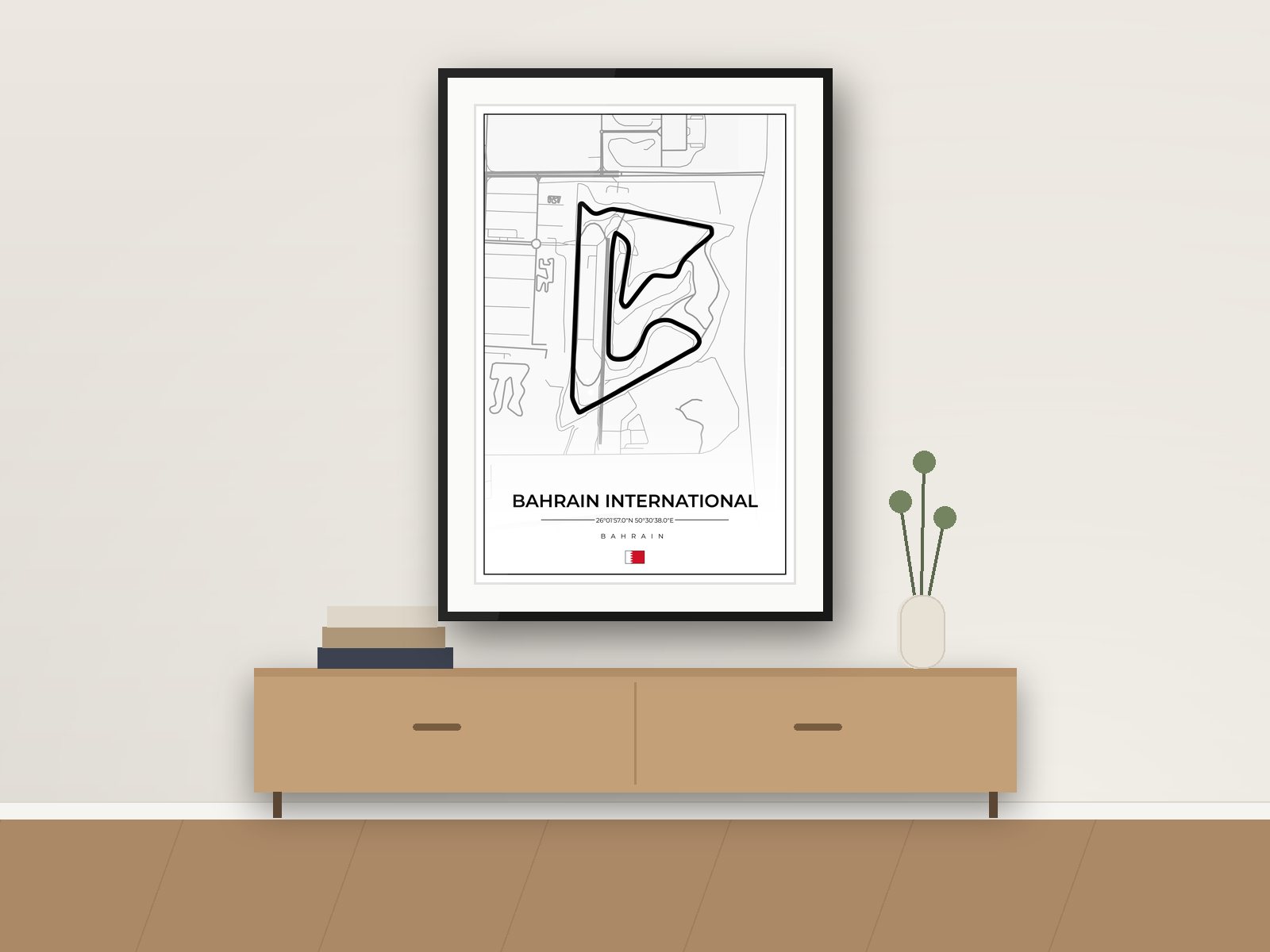 Bahrain International circuit poster, Street Map Edition, framed on a wall