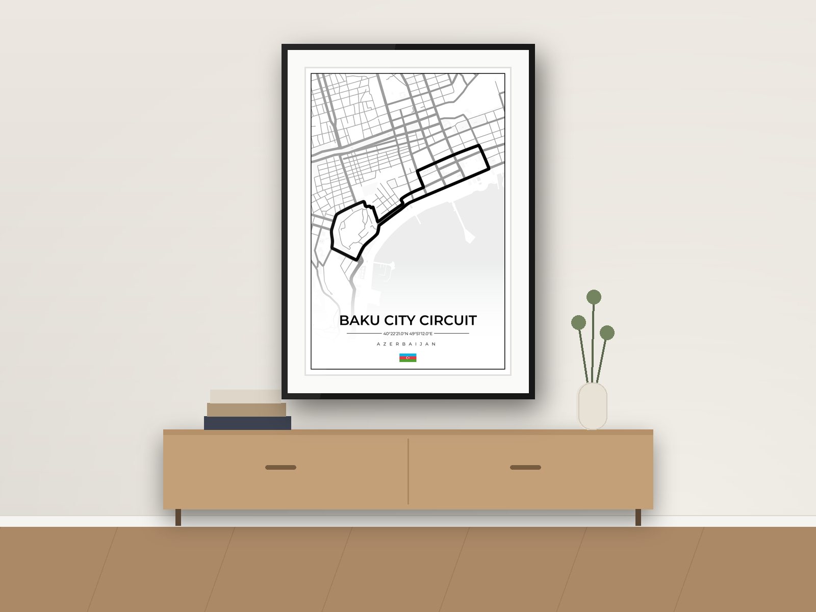 Baku City circuit poster, Street Map Edition, framed on a wall