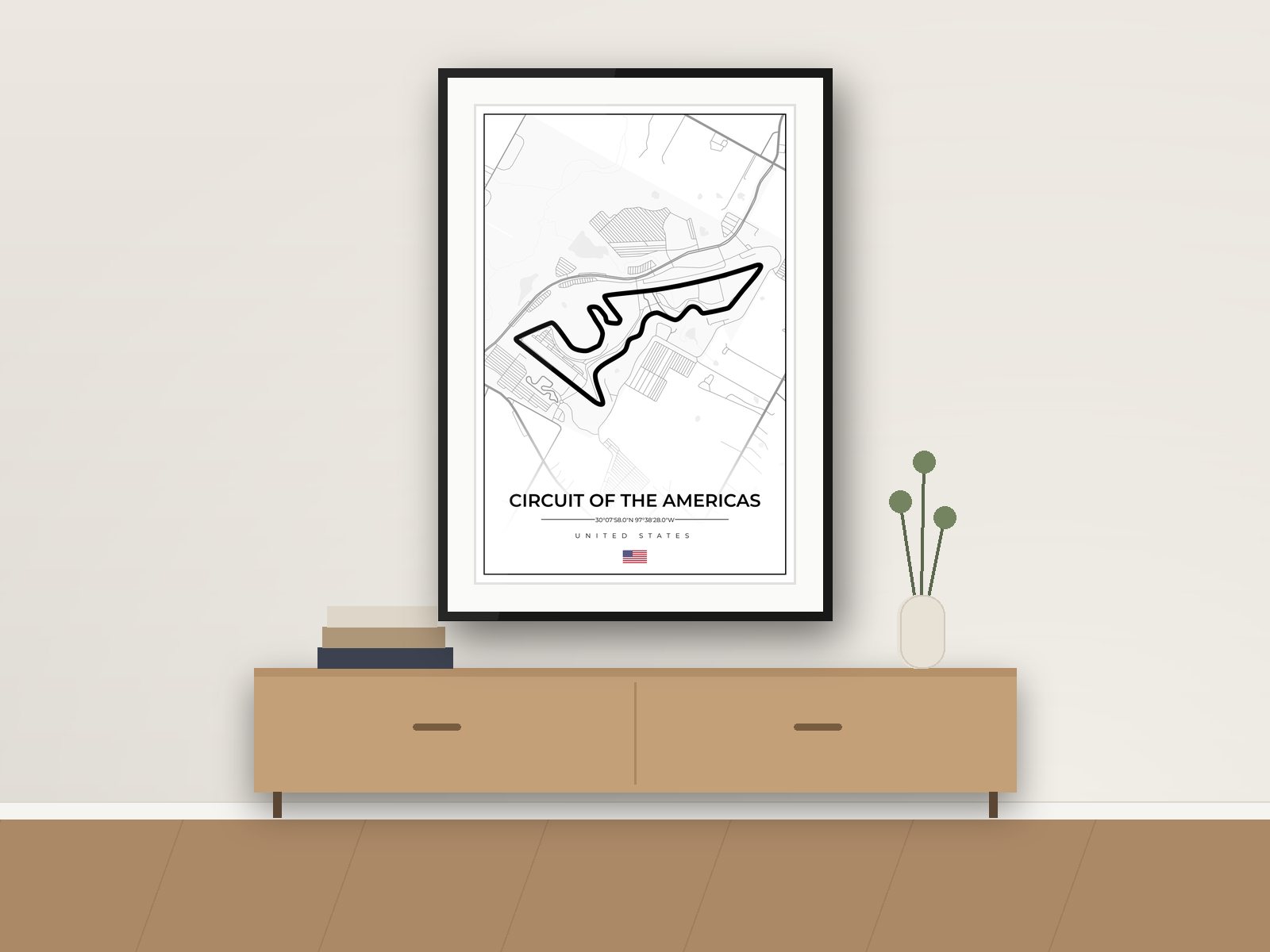 Circuit of the Americas circuit poster, Street Map Edition, framed on a wall
