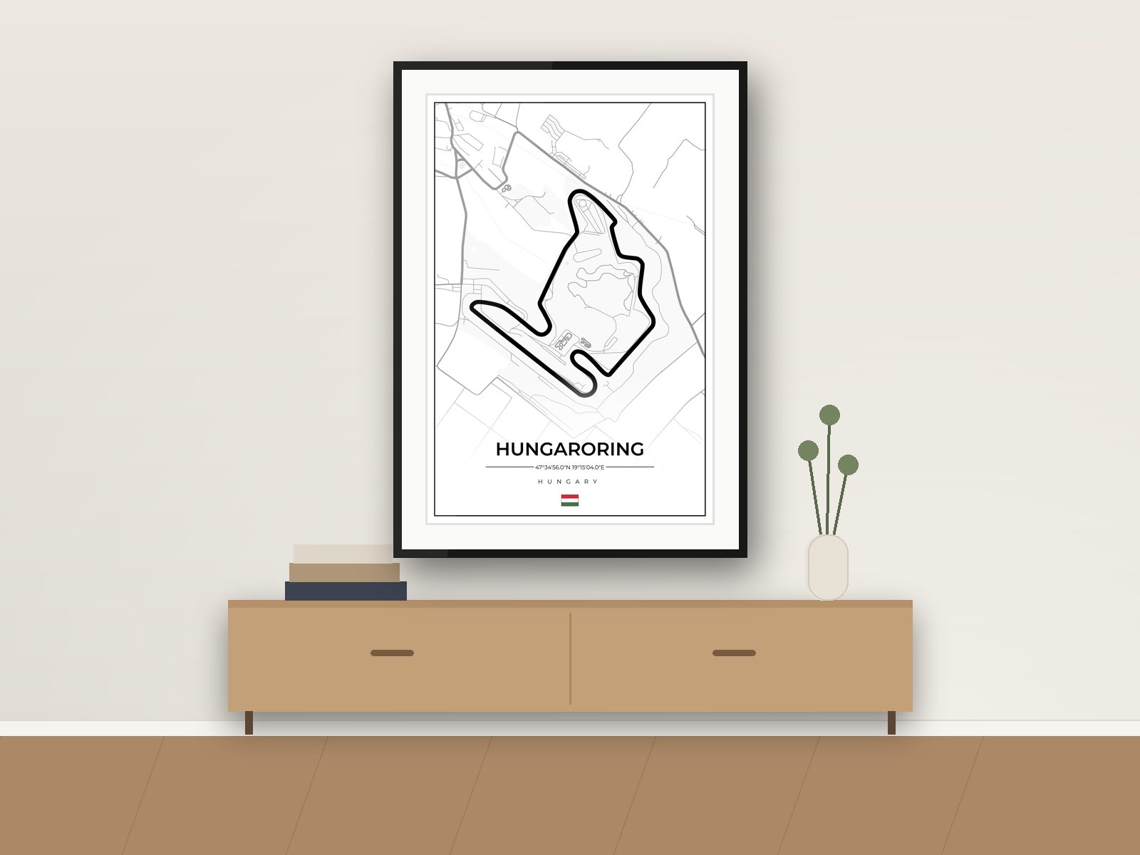 Hungaroring circuit poster, Street Map Edition, framed on a wall