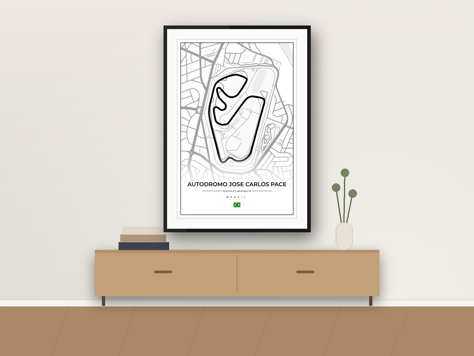 Interlagos circuit poster, Street Map Edition, framed on a wall