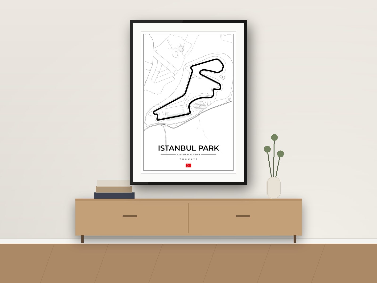 Istanbul Park circuit poster, Street Map Edition, framed on a wall
