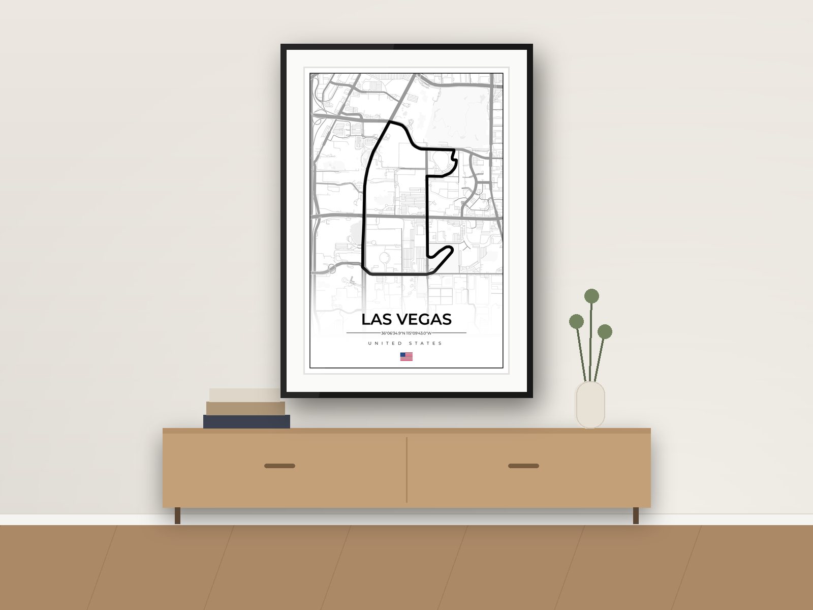 Las Vegas circuit poster, Street Map Edition, framed on a wall