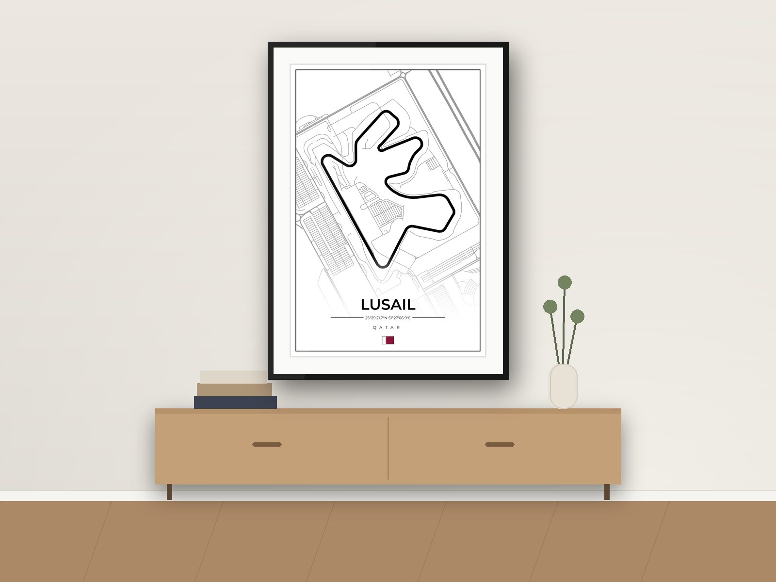 Lusail circuit poster, Street Map Edition, framed on a wall