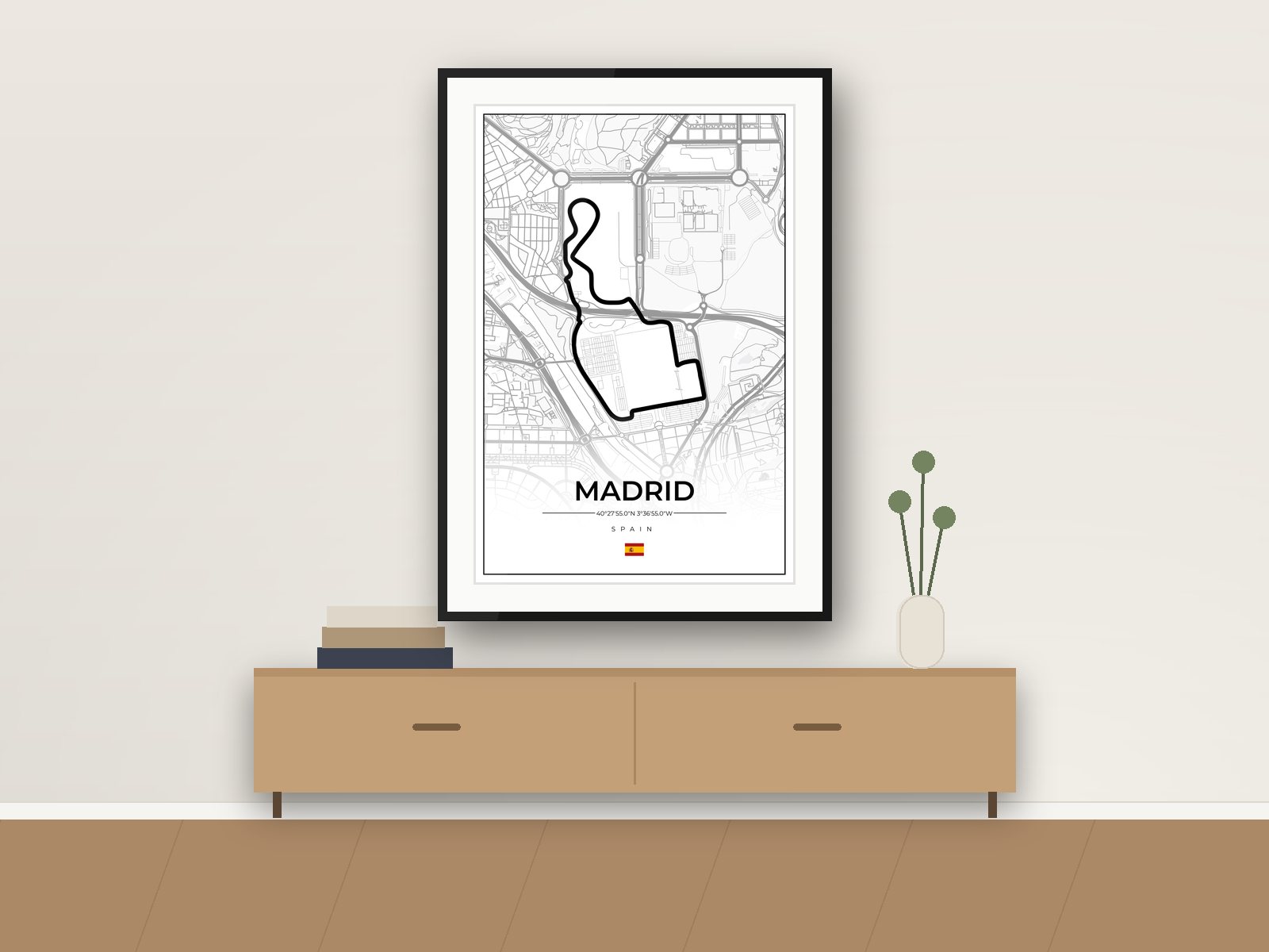 Madrid circuit poster, Street Map Edition, framed on a wall