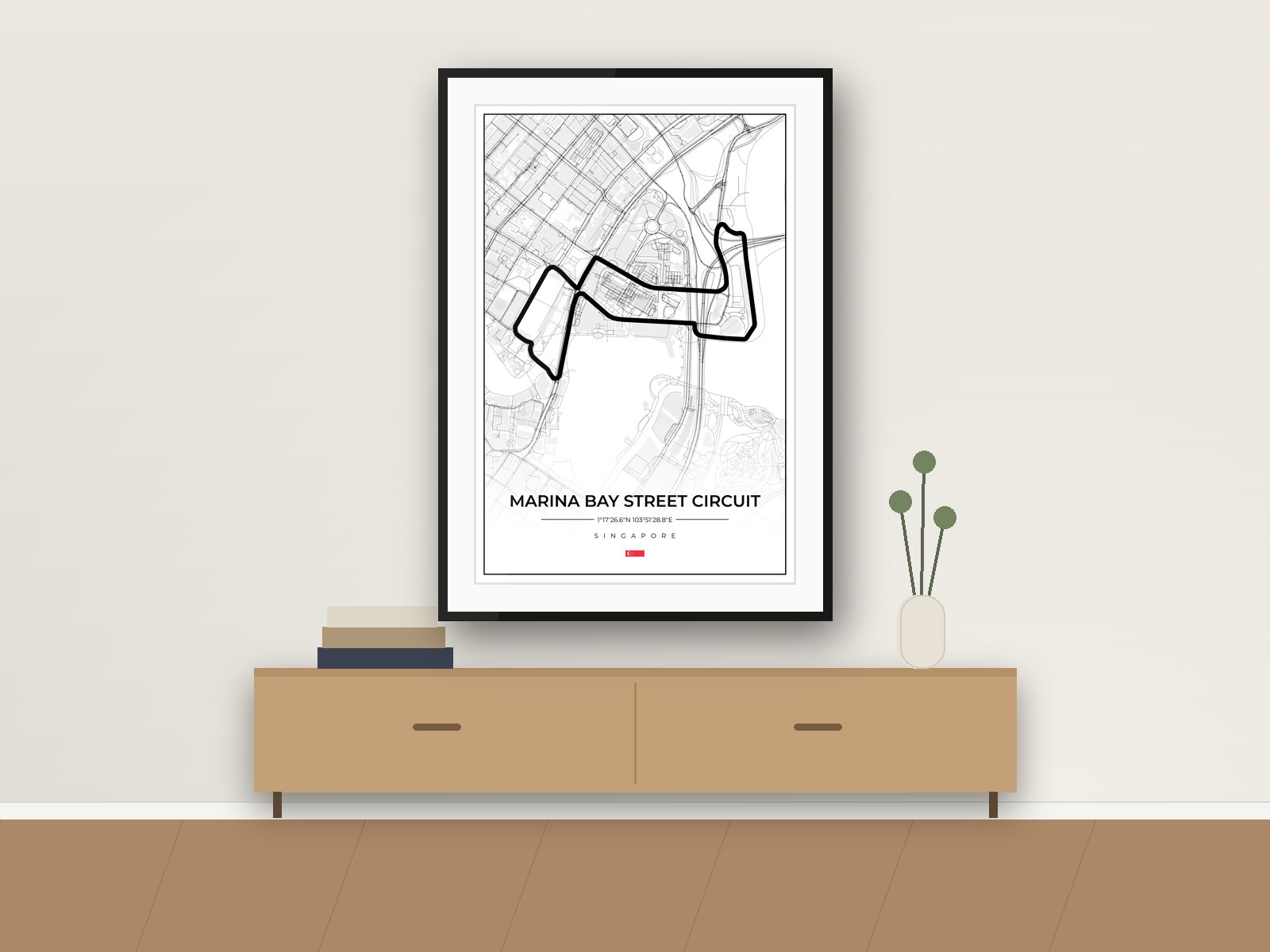 Marina Bay circuit poster, Street Map Edition, framed on a wall