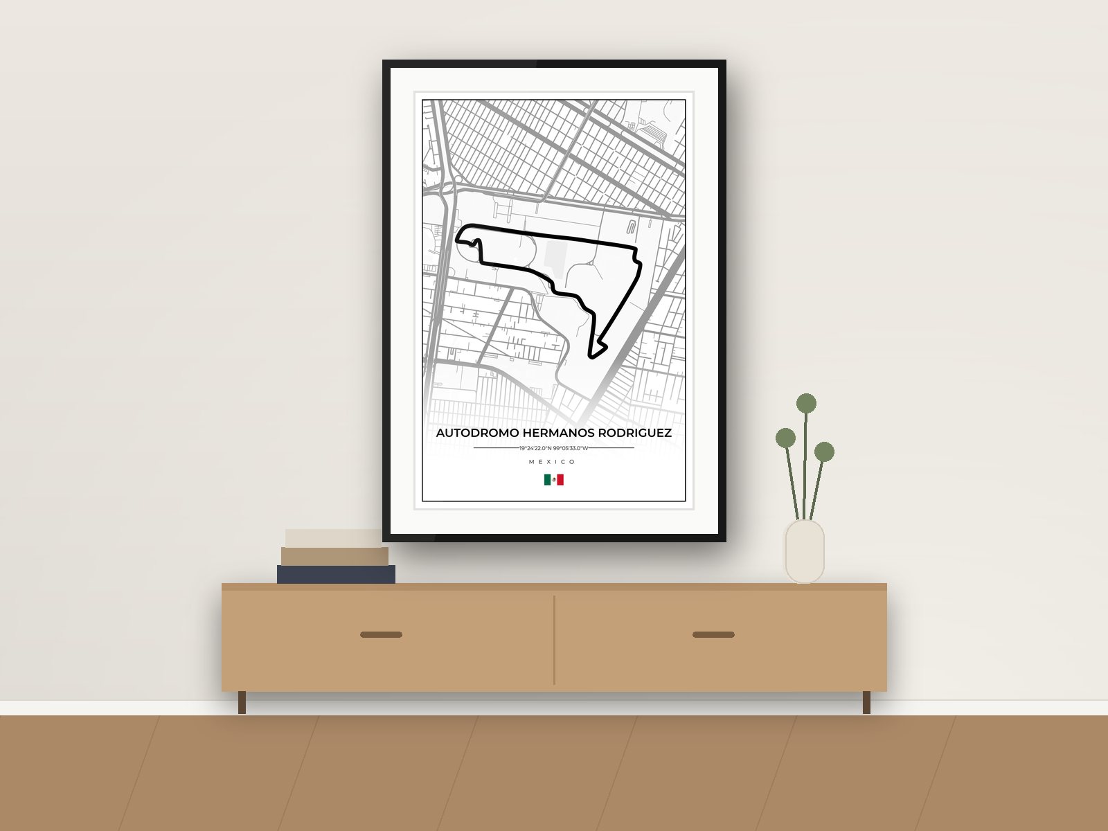Mexico City circuit poster, Street Map Edition, framed on a wall