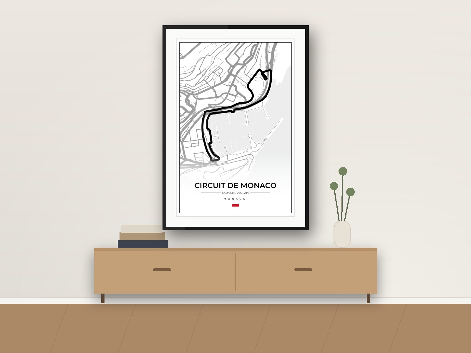 Monaco circuit poster, Street Map Edition, framed on a wall