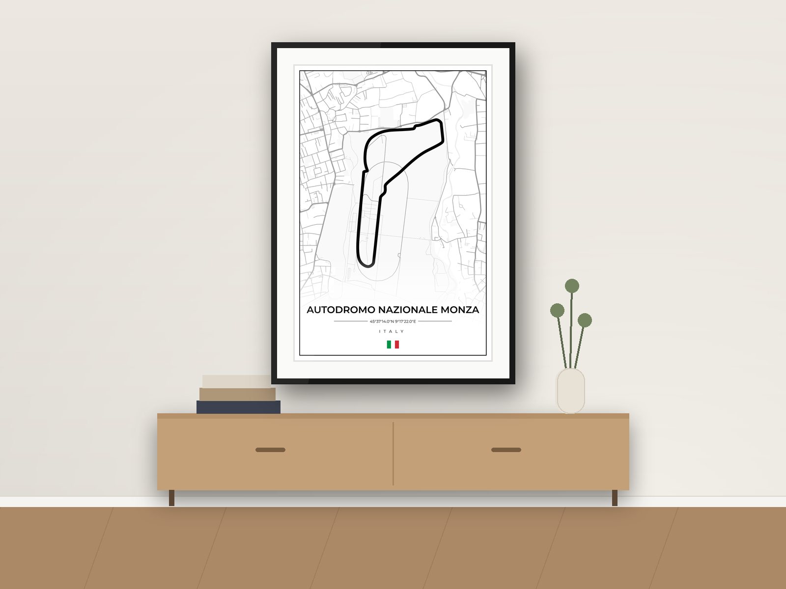Monza circuit poster, Street Map Edition, framed on a wall
