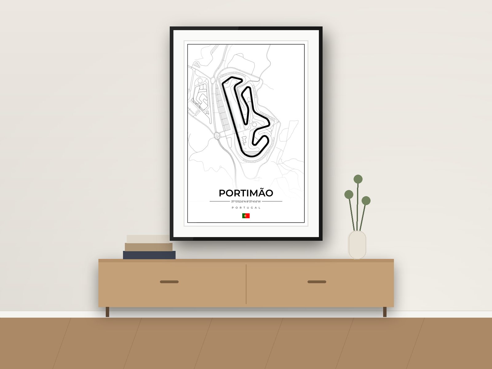 Portimão circuit poster, Street Map Edition, framed on a wall