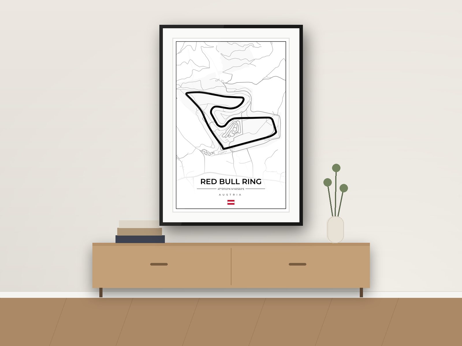 Red Bull Ring circuit poster, Street Map Edition, framed on a wall
