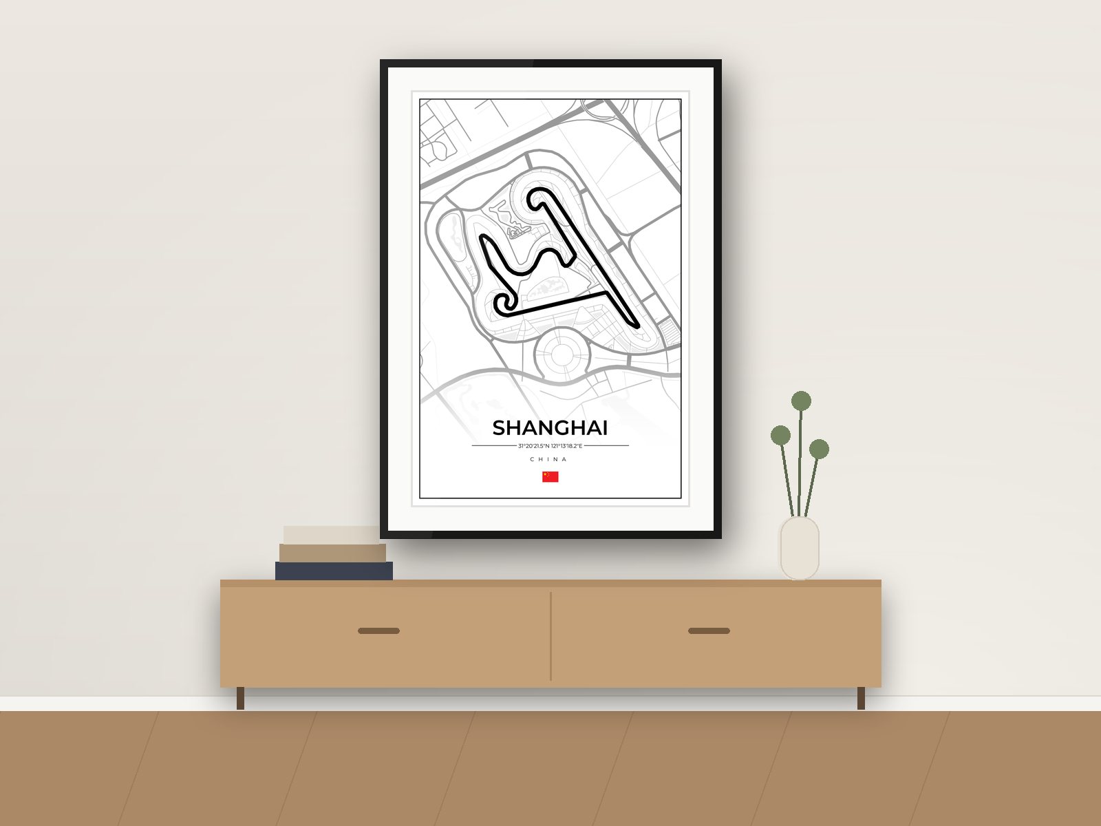 Shanghai circuit poster, Street Map Edition, framed on a wall