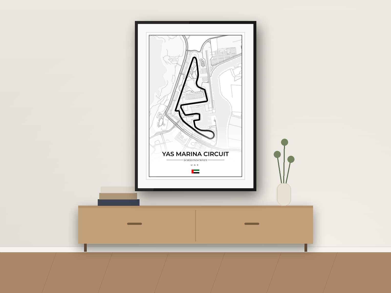 Yas Marina circuit poster, Street Map Edition, framed on a wall
