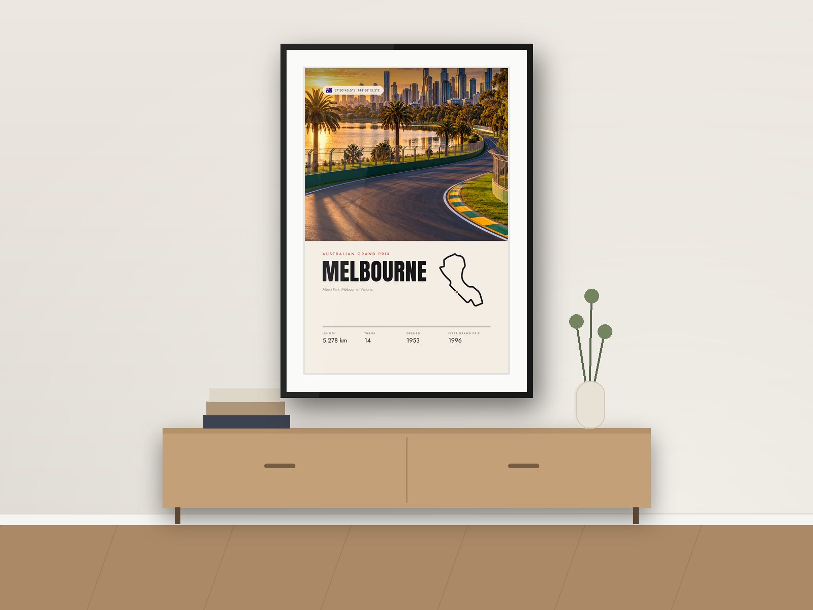 Albert Park circuit poster, Travel Photo Edition, framed on a wall