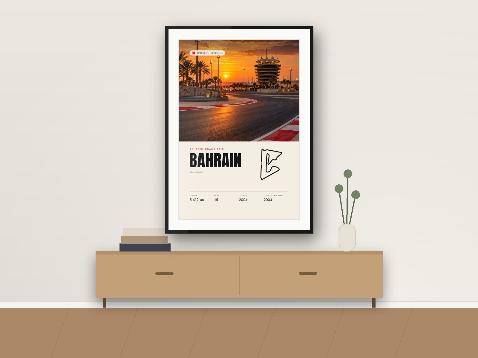 Bahrain International circuit poster, Travel Photo Edition, framed on a wall