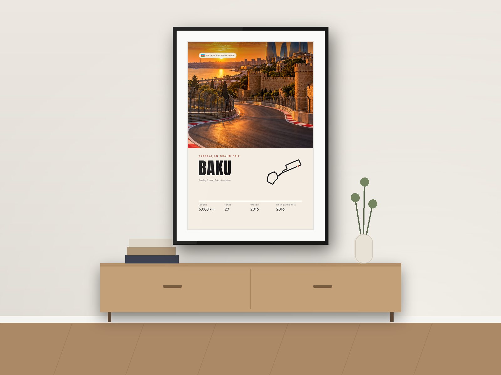 Baku City circuit poster, Travel Photo Edition, framed on a wall