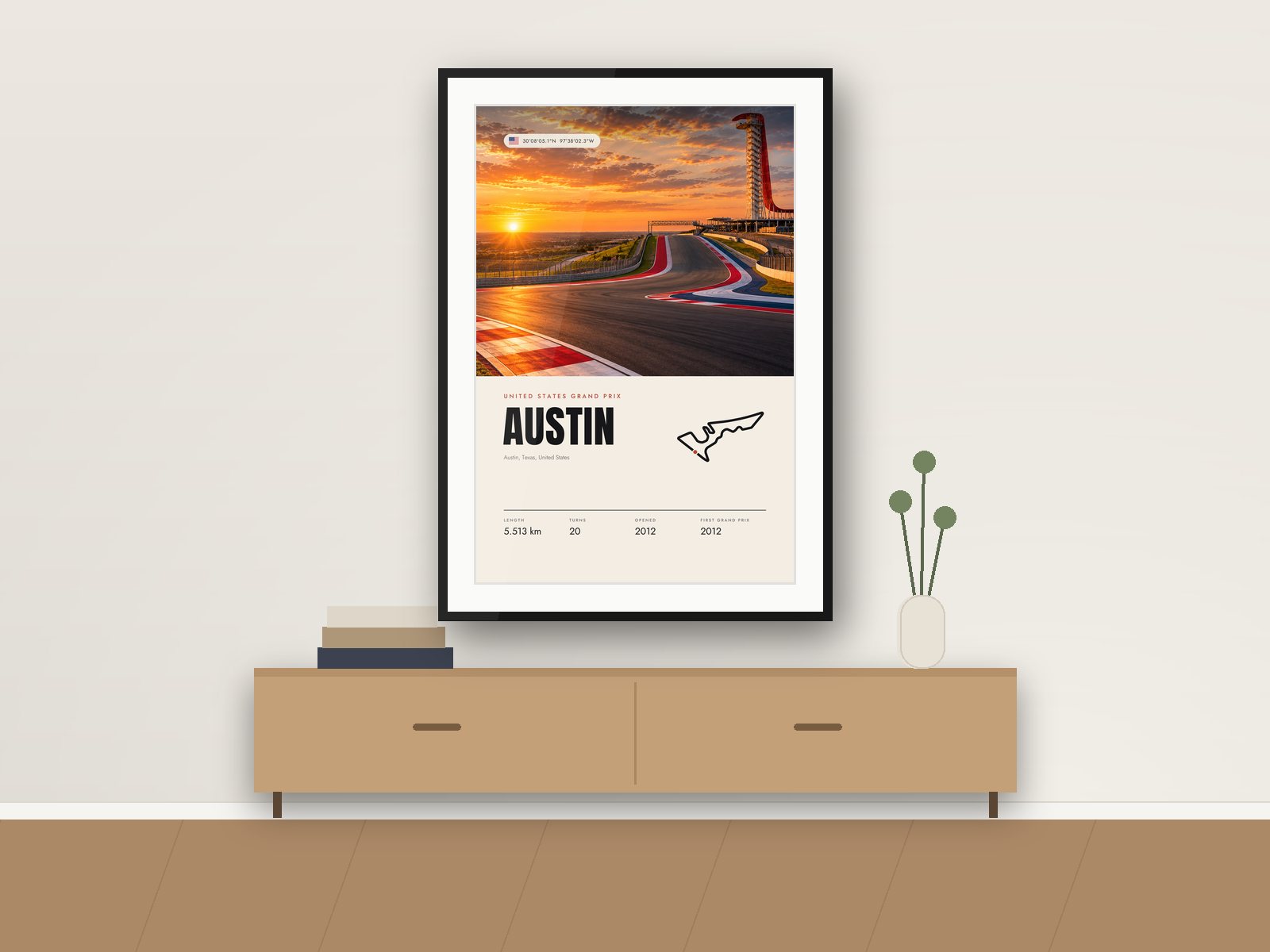Circuit of the Americas circuit poster, Travel Photo Edition, framed on a wall