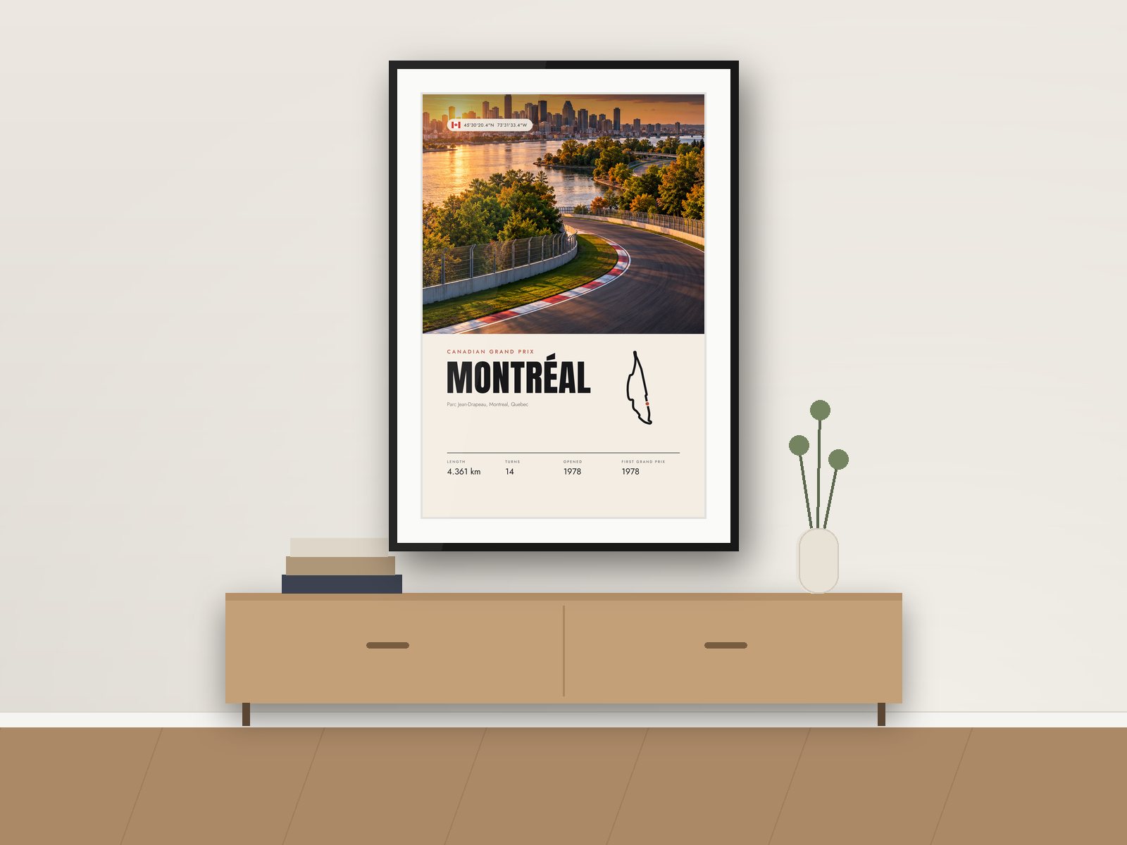 Gilles Villeneuve circuit poster, Travel Photo Edition, framed on a wall