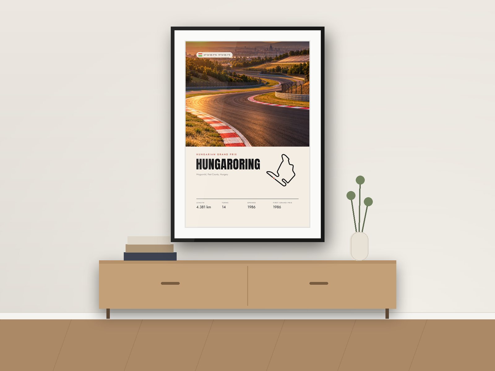 Hungaroring circuit poster, Travel Photo Edition, framed on a wall
