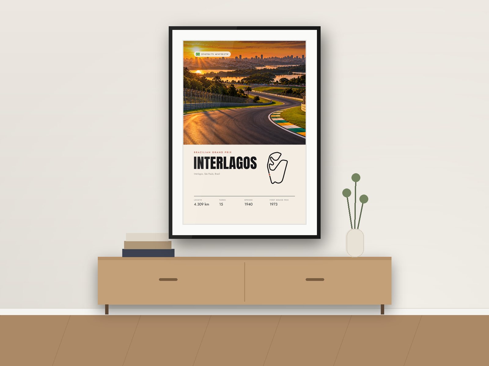 Interlagos circuit poster, Travel Photo Edition, framed on a wall
