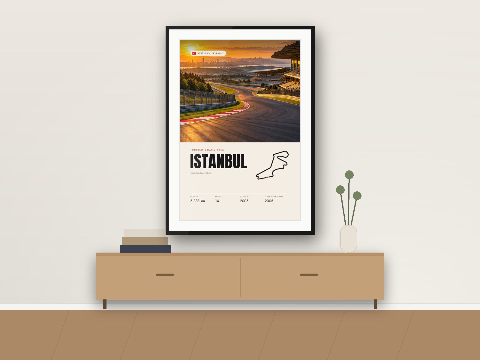 Istanbul Park circuit poster, Travel Photo Edition, framed on a wall