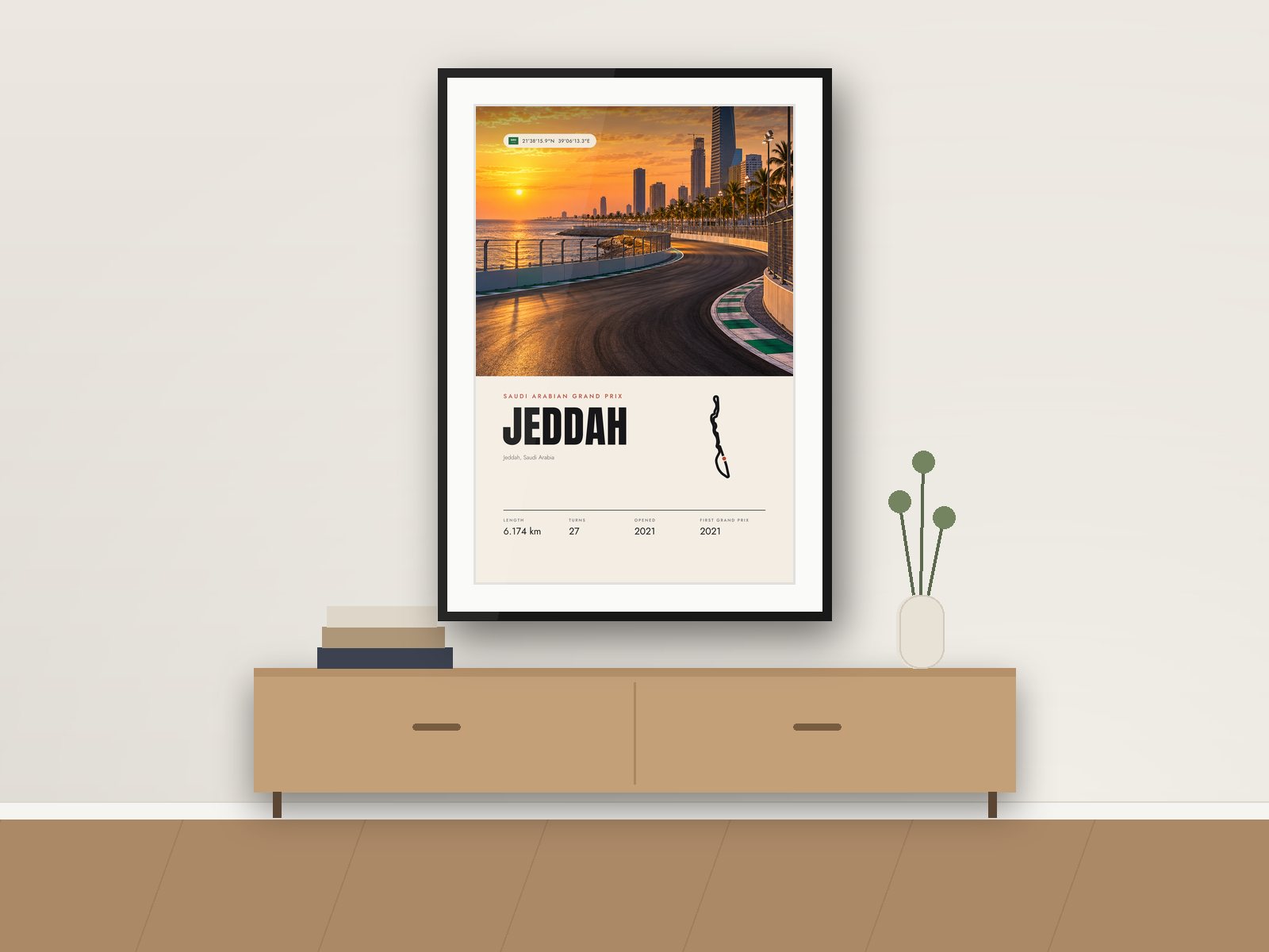Jeddah Corniche circuit poster, Travel Photo Edition, framed on a wall