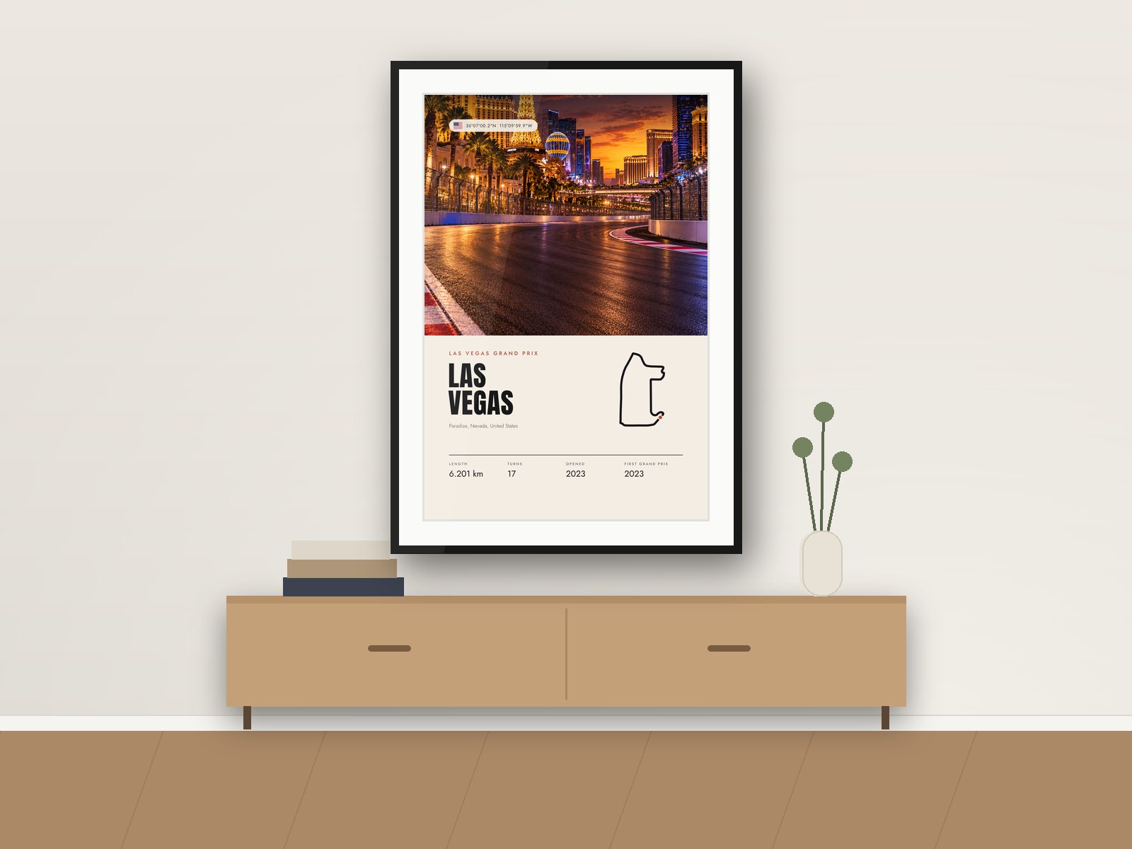 Las Vegas circuit poster, Travel Photo Edition, framed on a wall