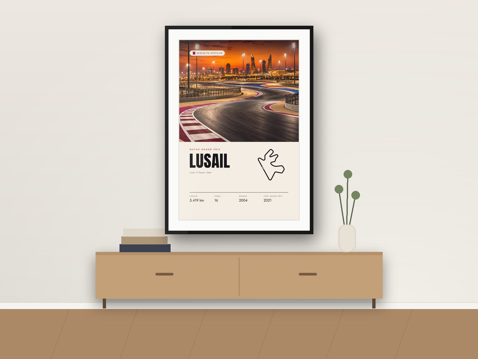 Lusail circuit poster, Travel Photo Edition, framed on a wall