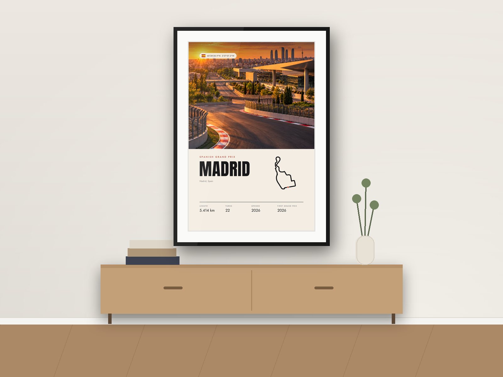 Madrid circuit poster, Travel Photo Edition, framed on a wall