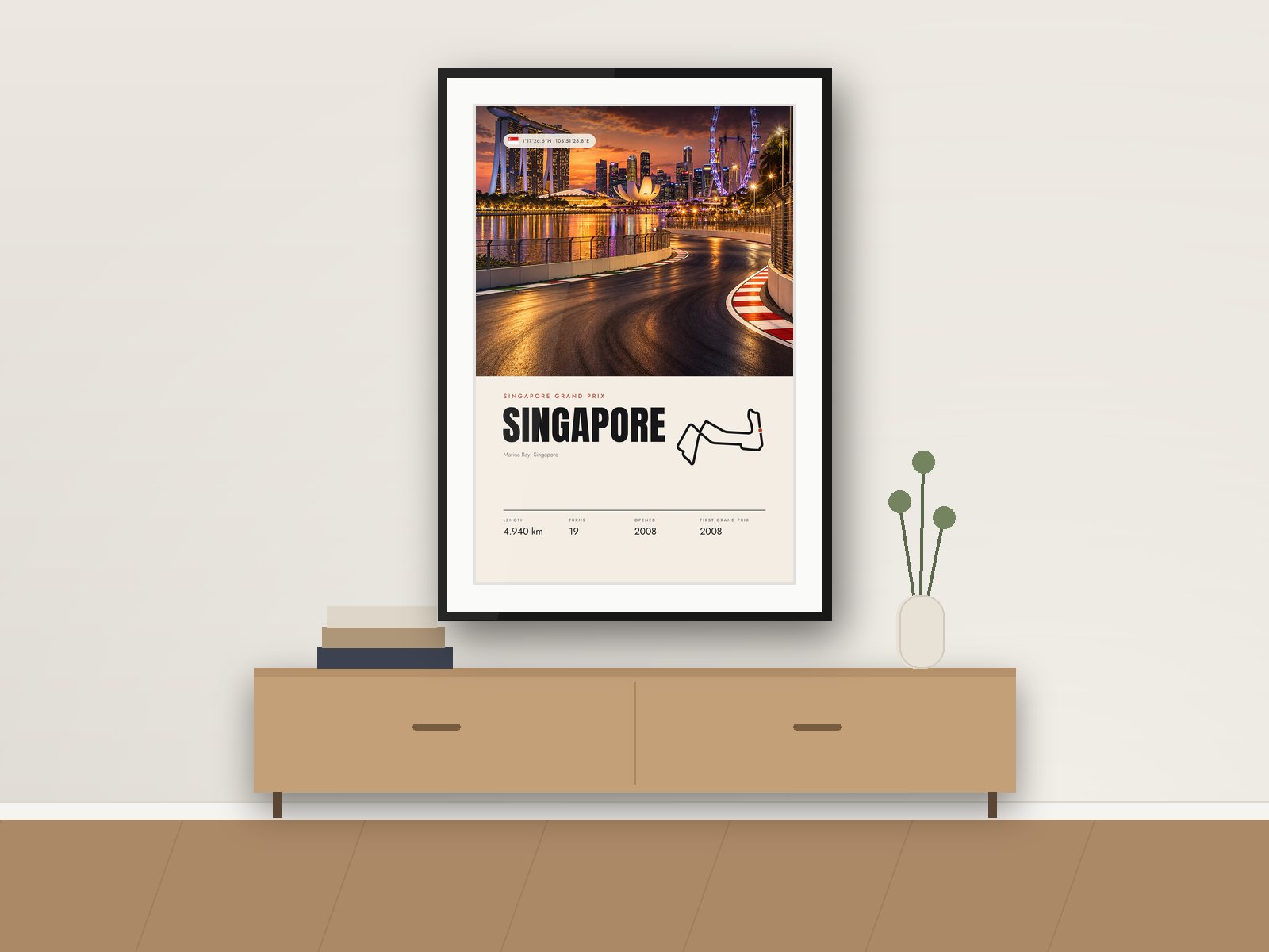 Marina Bay circuit poster, Travel Photo Edition, framed on a wall
