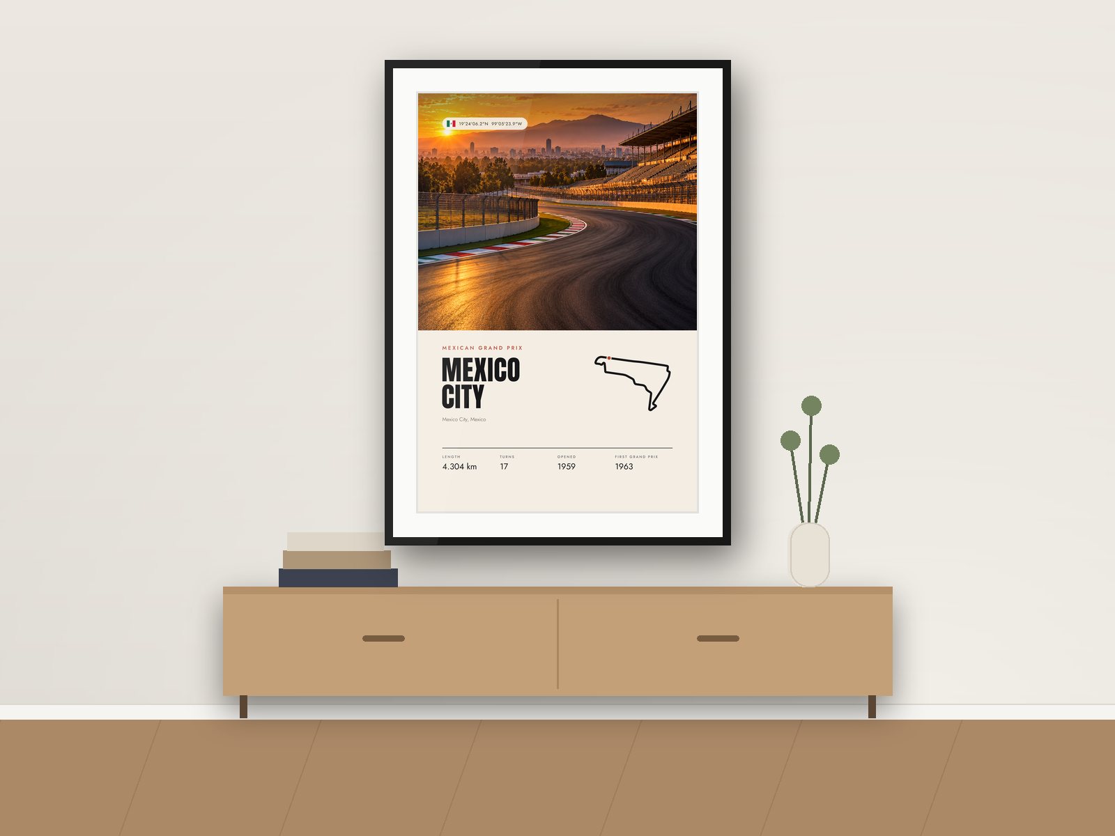 Mexico City circuit poster, Travel Photo Edition, framed on a wall