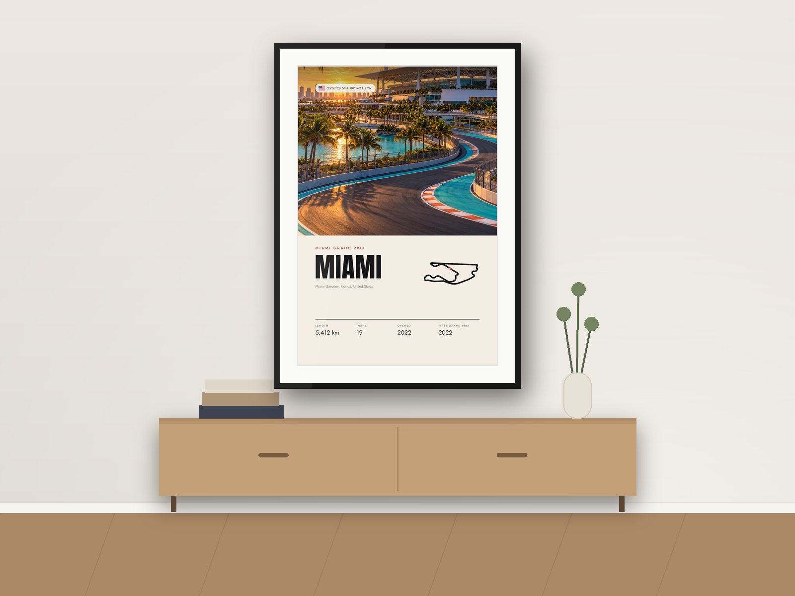 Miami circuit poster, Travel Photo Edition, framed on a wall