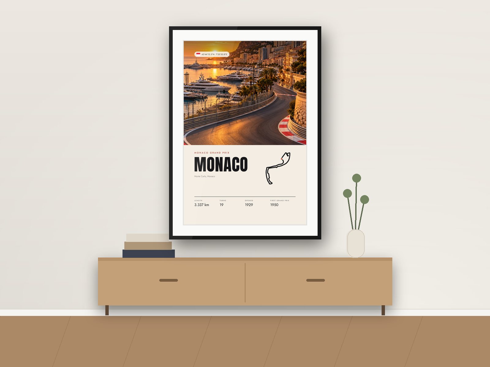 Monaco circuit poster, Travel Photo Edition, framed on a wall
