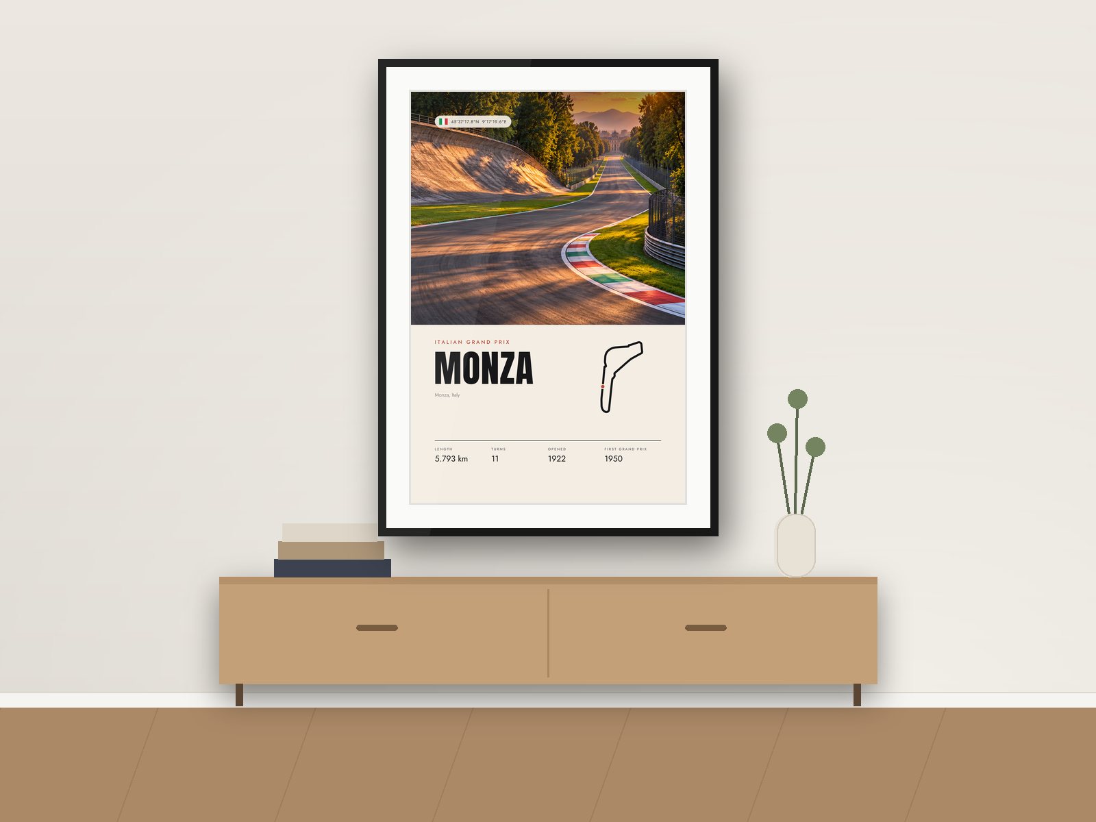 Monza circuit poster, Travel Photo Edition, framed on a wall