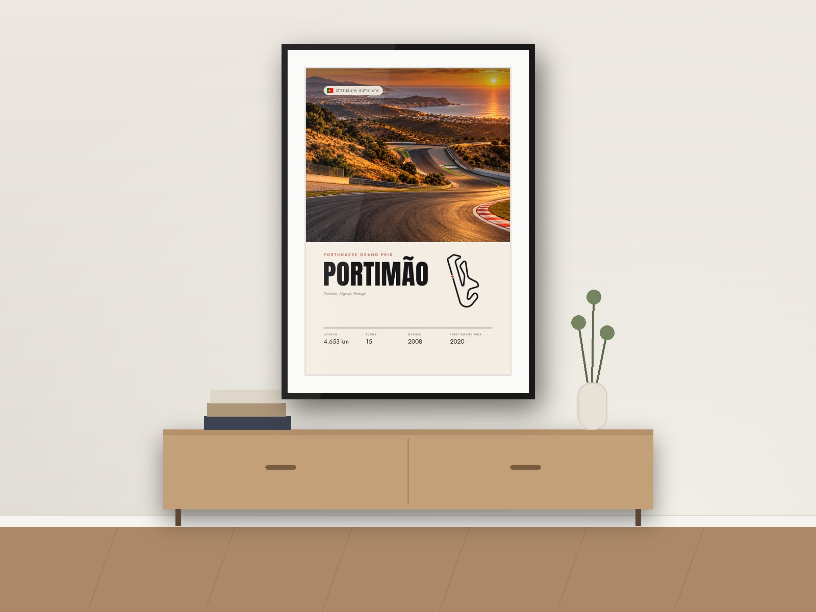 Portimão circuit poster, Travel Photo Edition, framed on a wall