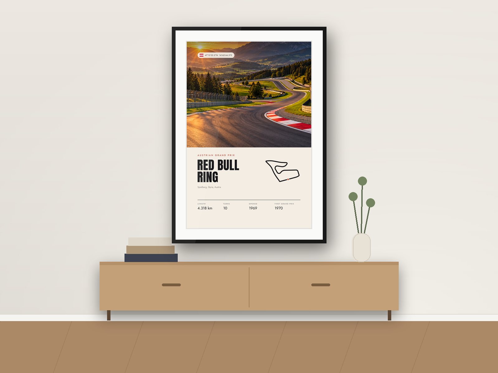 Red Bull Ring circuit poster, Travel Photo Edition, framed on a wall