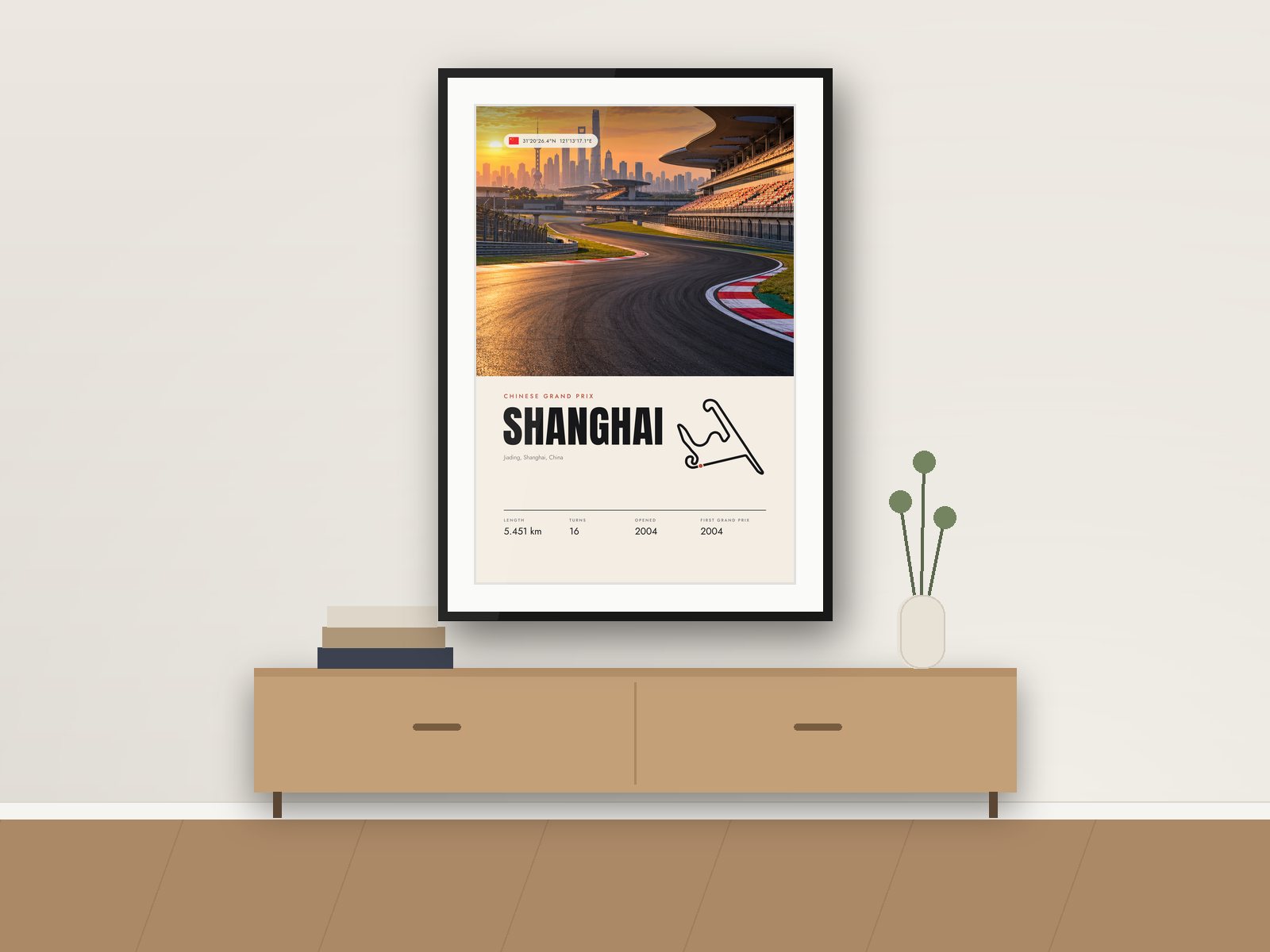 Shanghai circuit poster, Travel Photo Edition, framed on a wall