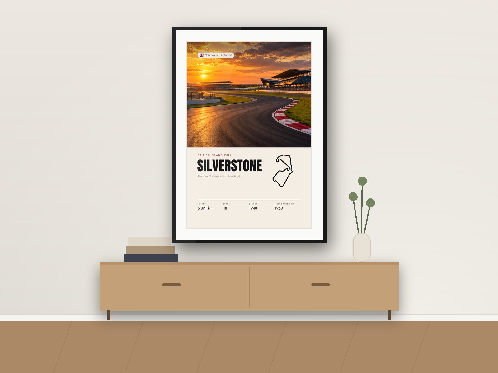 Silverstone circuit poster, Travel Photo Edition, framed on a wall