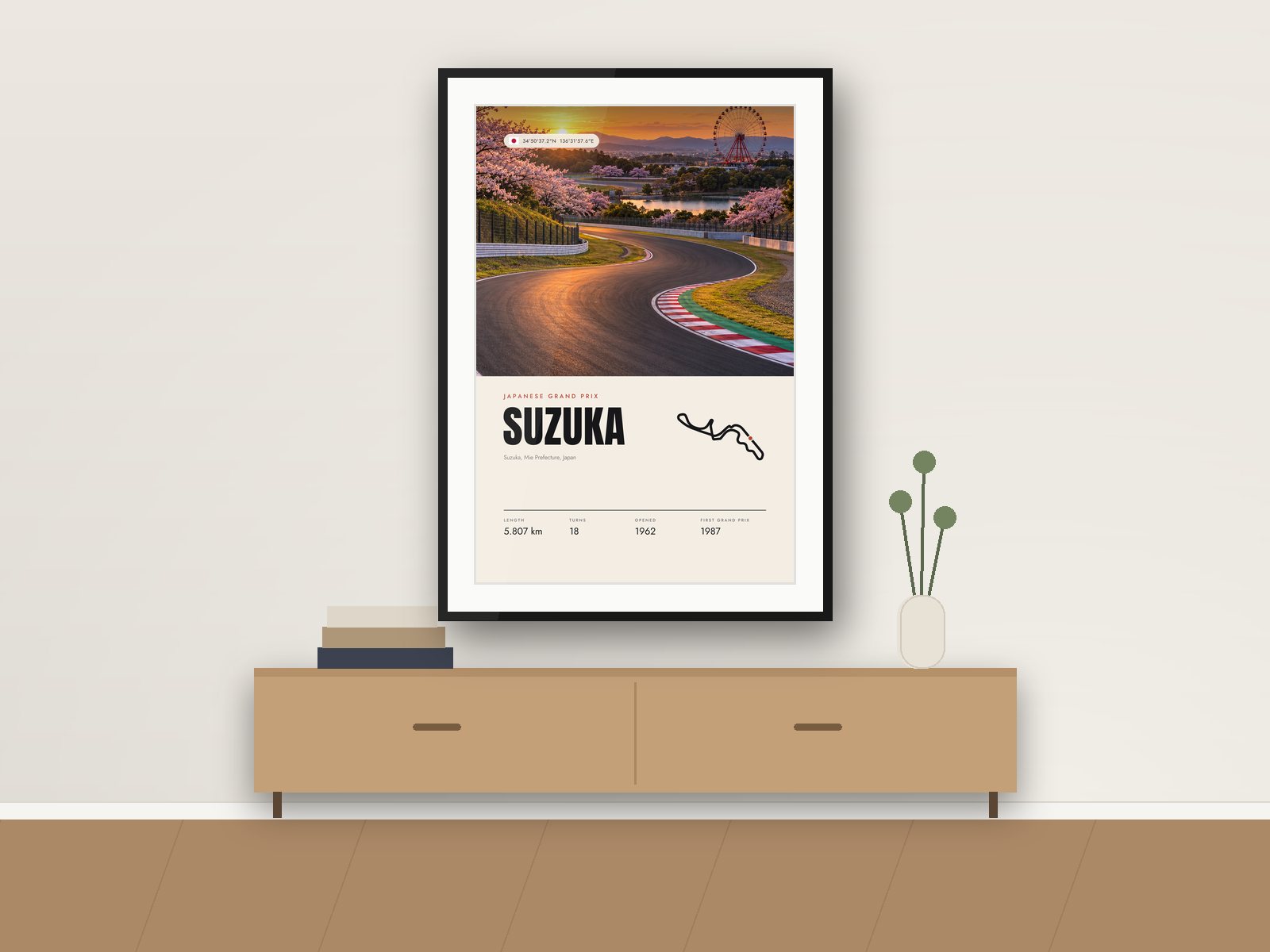 Suzuka circuit poster, Travel Photo Edition, framed on a wall