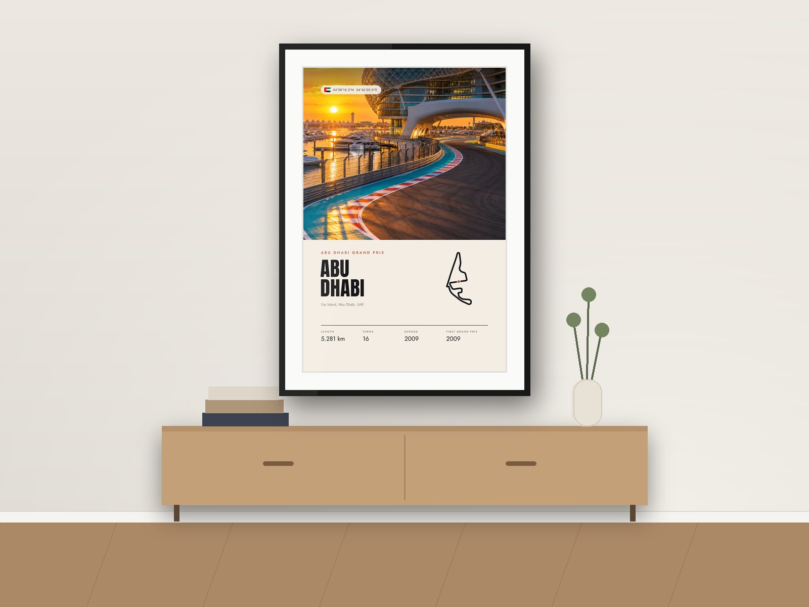 Yas Marina circuit poster, Travel Photo Edition, framed on a wall