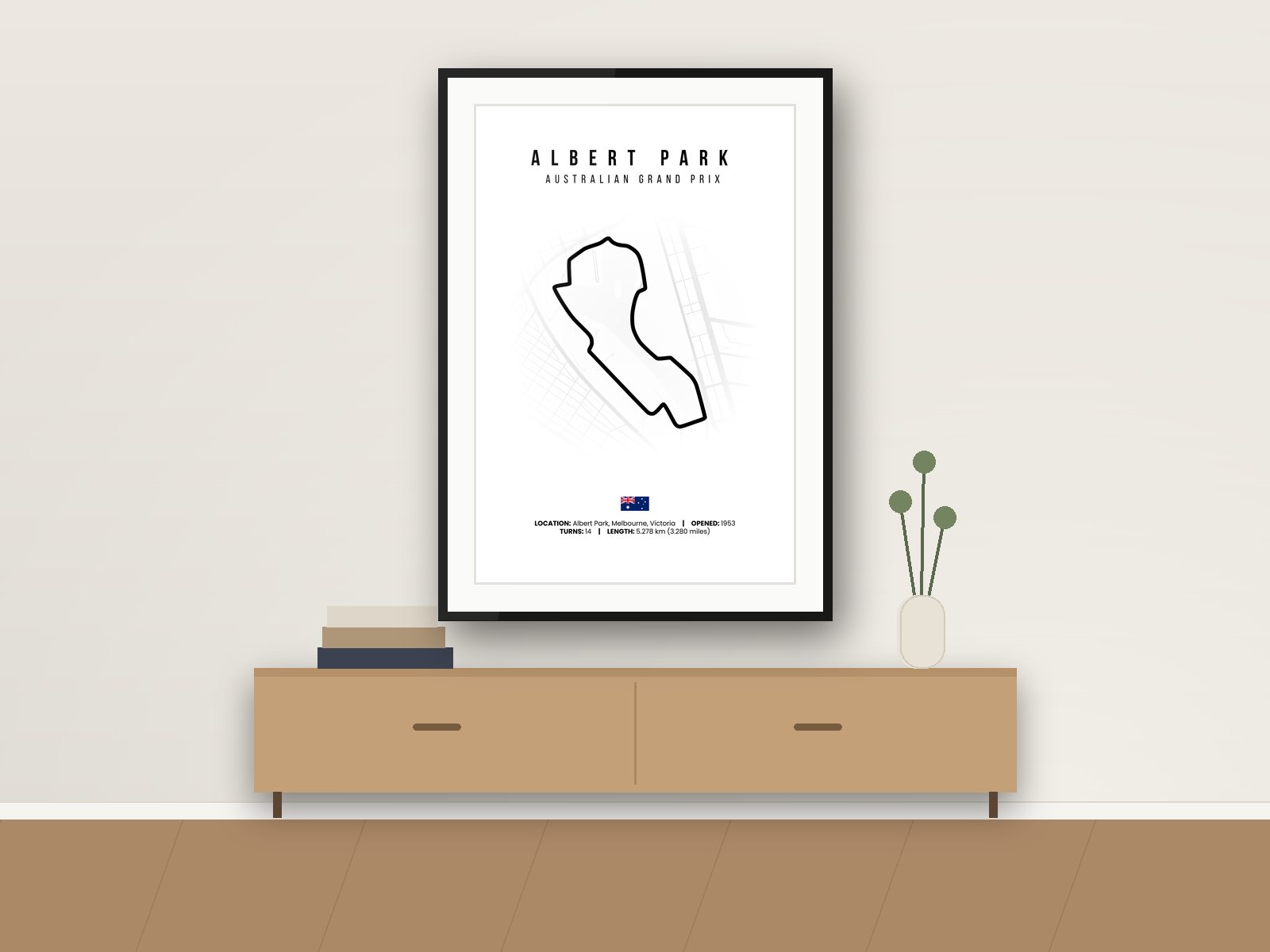 Albert Park circuit poster, White Edition, framed on a wall