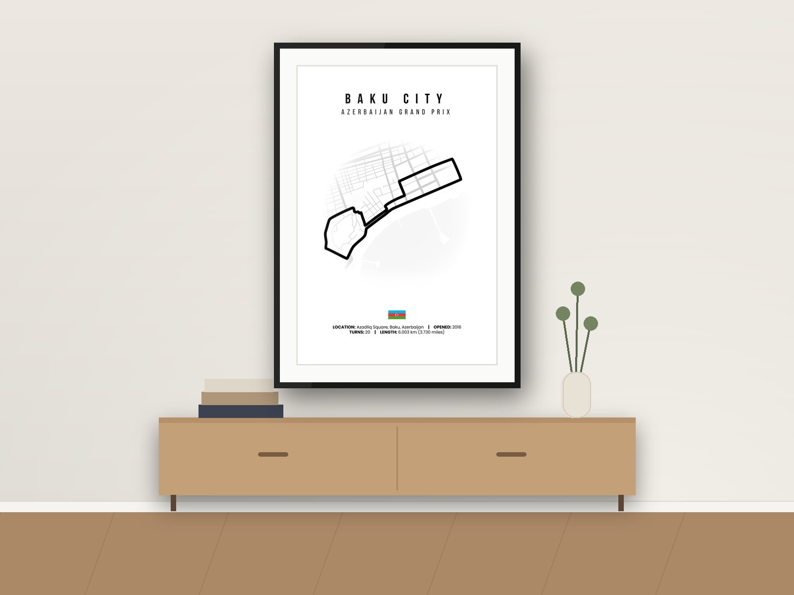 Baku City circuit poster, White Edition, framed on a wall