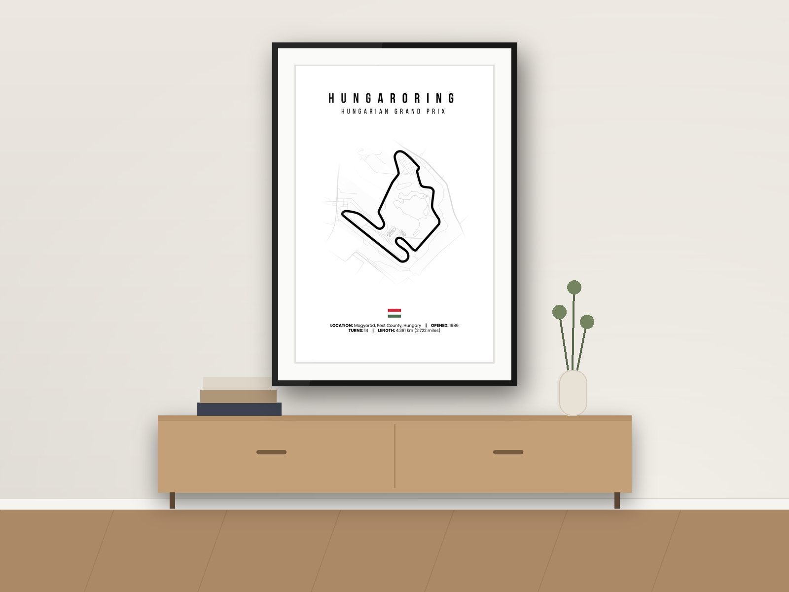Hungaroring circuit poster, White Edition, framed on a wall