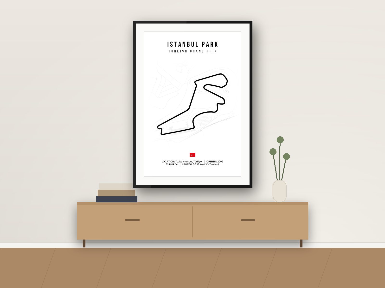Istanbul Park circuit poster, White Edition, framed on a wall