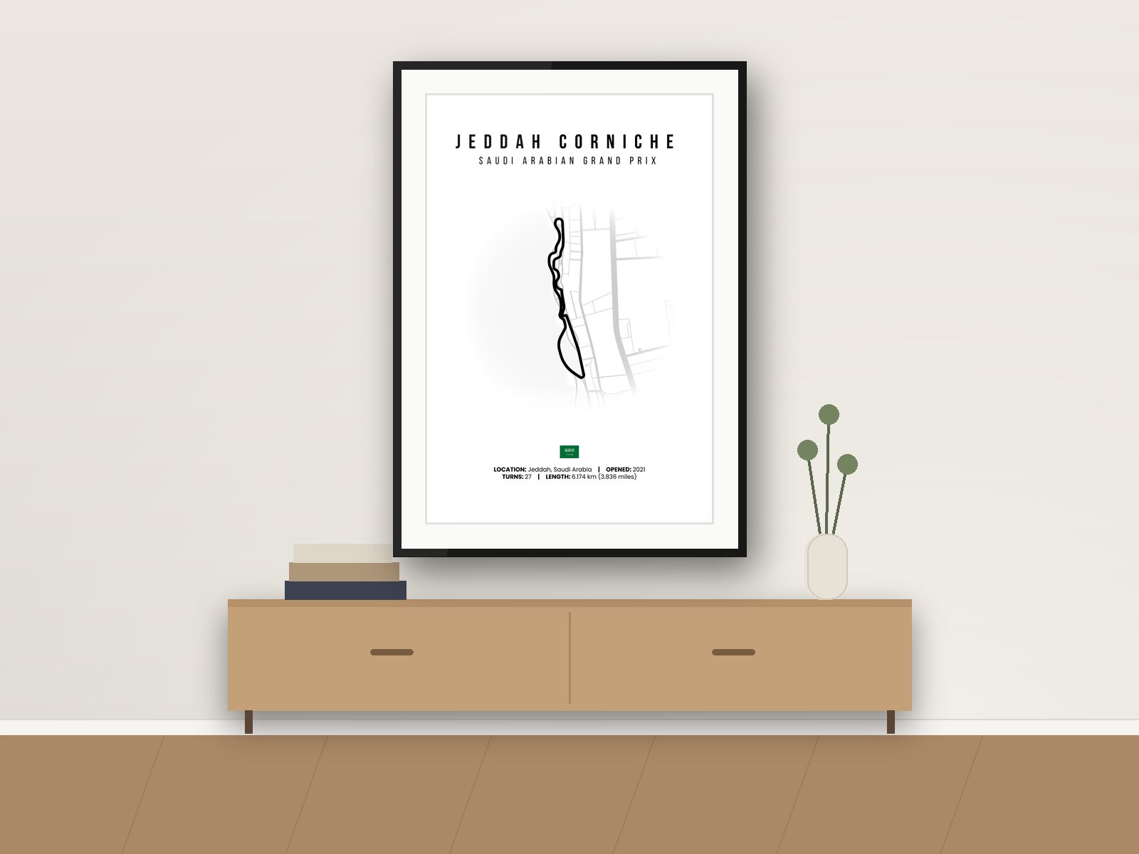Jeddah Corniche circuit poster, White Edition, framed on a wall
