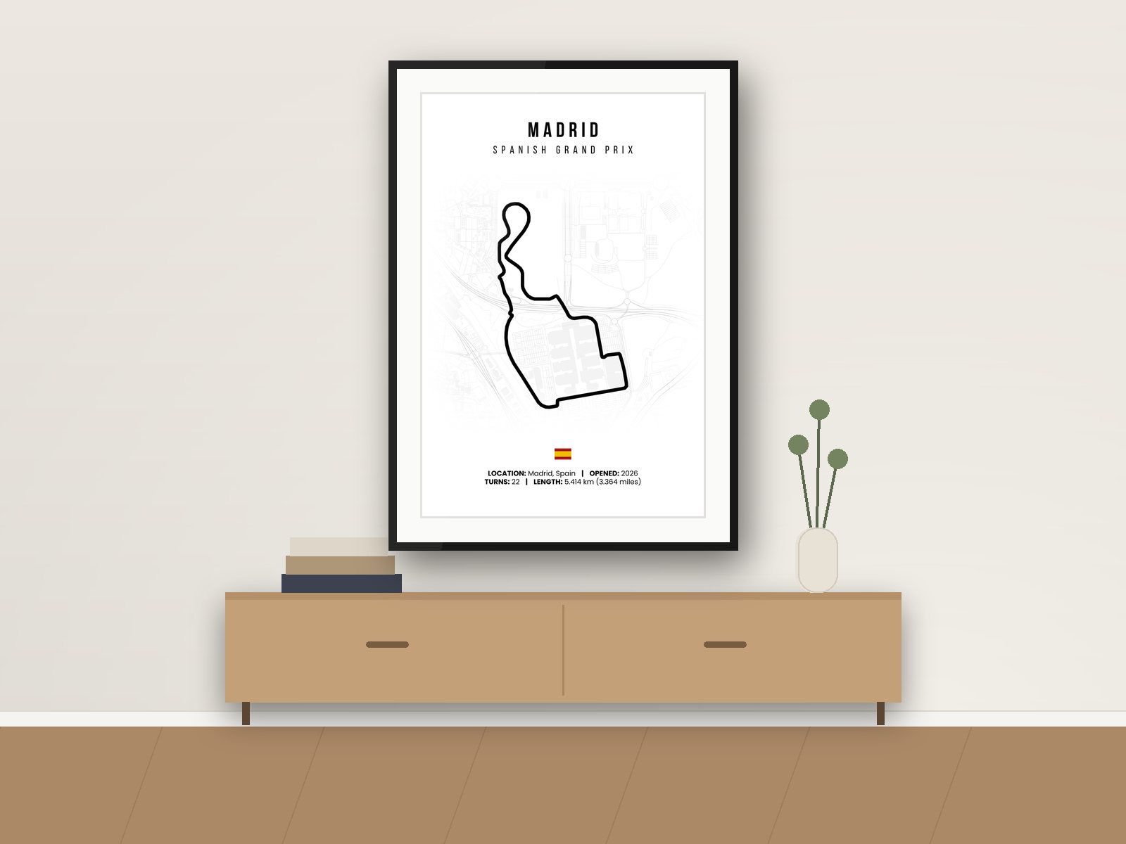 Madrid circuit poster, White Edition, framed on a wall