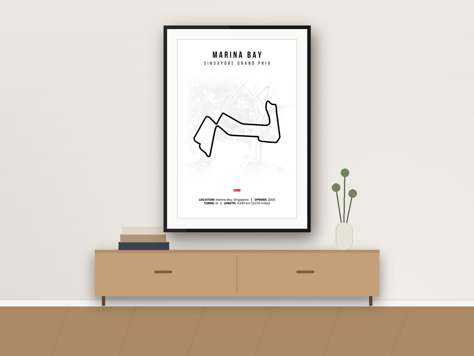 Marina Bay circuit poster, White Edition, framed on a wall