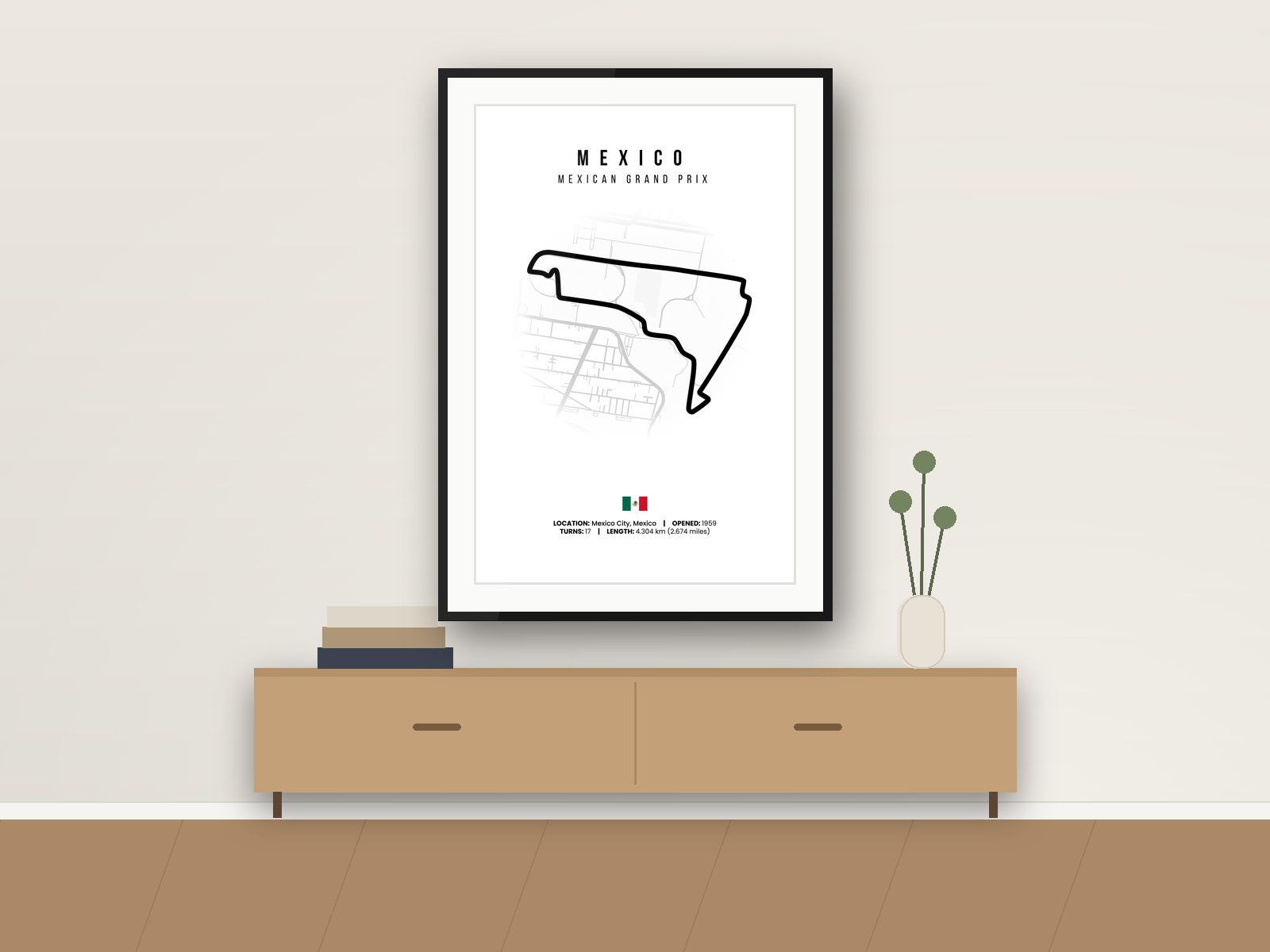 Mexico City circuit poster, White Edition, framed on a wall
